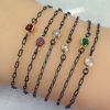 Wholesale Oxidized 925 Sterling Silver Adjustable Bracelet with Gold Filled Natural Gemstone Bezel - 6.5-8"