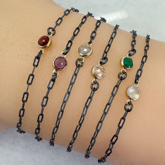 Wholesale Oxidized 925 Sterling Silver Adjustable Bracelet with Gold Filled Natural Gemstone Bezel - 6.5-8"