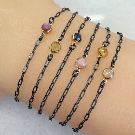 Wholesale Oxidized 925 Sterling Silver Adjustable Bracelet with Gold Filled Natural Gemstone Bezel - 6.5-8"