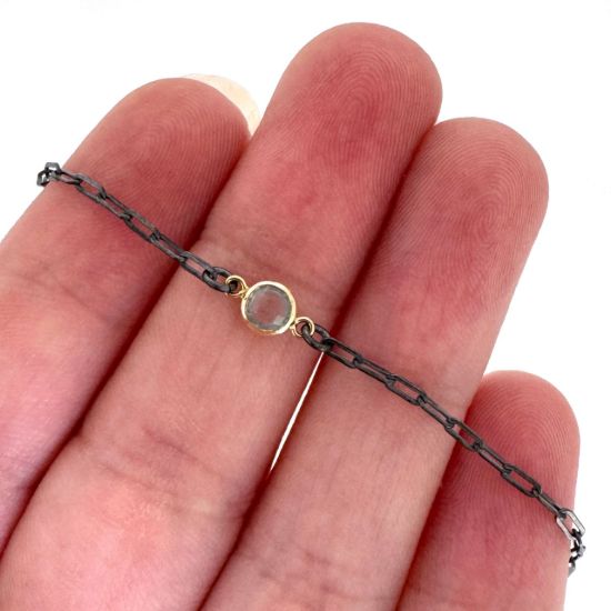 Wholesale Oxidized 925 Sterling Silver Adjustable Bracelet with Gold Filled Natural Gemstone Bezel - 6.5-8"