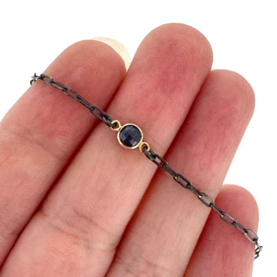 Wholesale Oxidized 925 Sterling Silver Adjustable Bracelet with Gold Filled Natural Gemstone Bezel - 6.5-8"