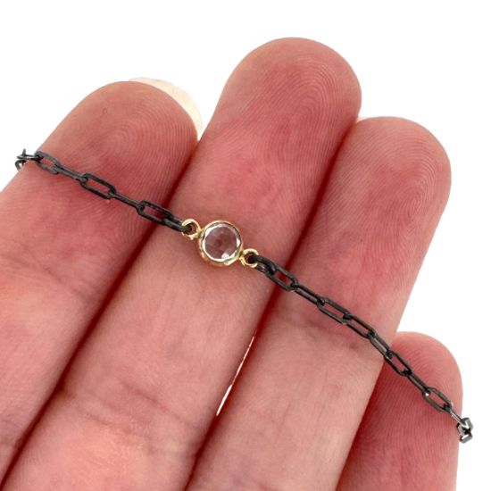Wholesale Oxidized 925 Sterling Silver Adjustable Bracelet with Gold Filled Natural Gemstone Bezel - 6.5-8"