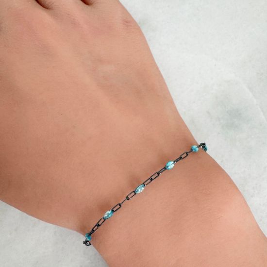 Wholesale bulk oxidized sterling silver paperclip chain by the foot with March Birthstone - Aqua
