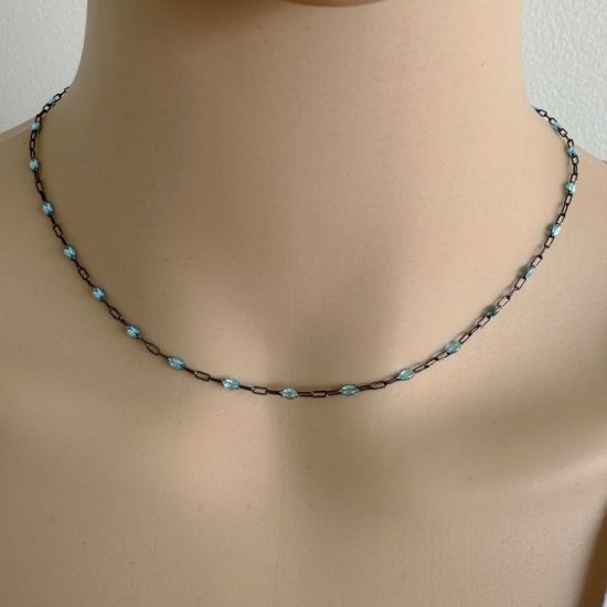 Wholesale bulk oxidized sterling silver paperclip chain by the foot with March Birthstone - Aqua