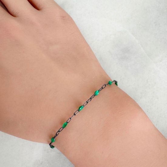 Wholesale bulk oxidized sterling silver paperclip chain by the foot with May Birthstone - Emerald