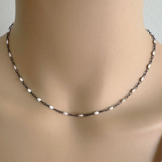Wholesale bulk oxidized sterling silver paperclip chain by the foot with June Birthstone - Pearl White
