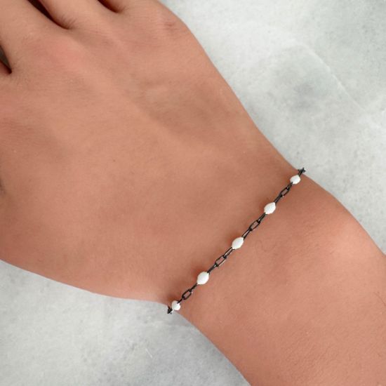 Wholesale bulk oxidized sterling silver paperclip chain by the foot with June Birthstone - Pearl White