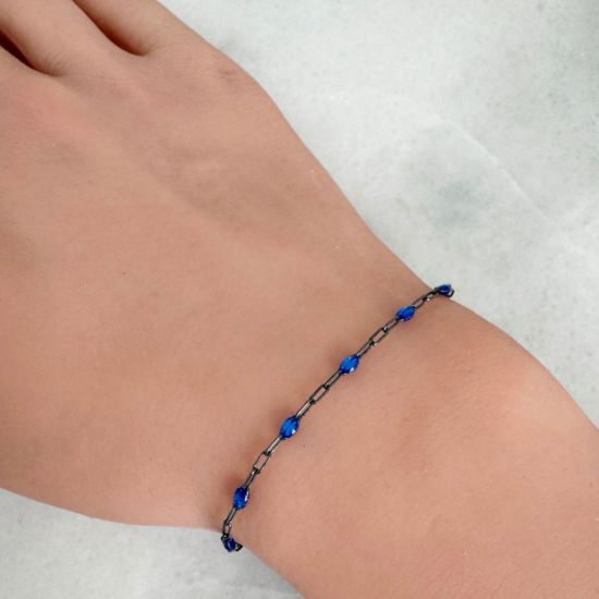 Wholesale bulk oxidized sterling silver paperclip chain by the foot with September Birthstone - Blue Sapphire