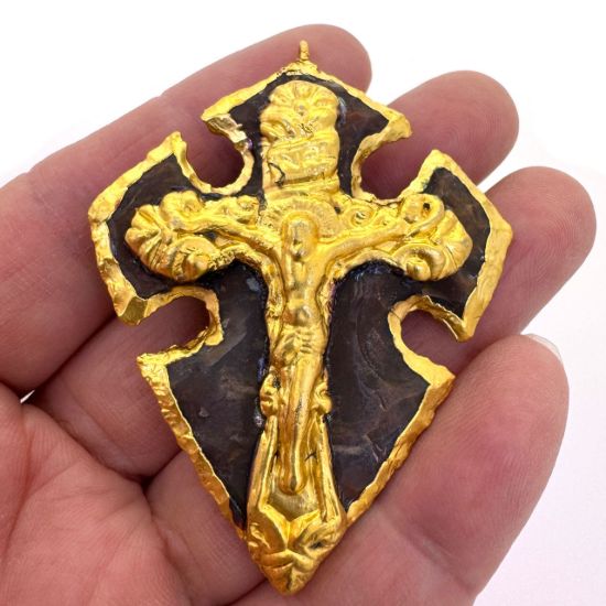 Wholesale Natural Agate Jasper Cross Pendant for Necklace, 24K Gold Plated Brass Crucifix-Holy Cross Pendant 
