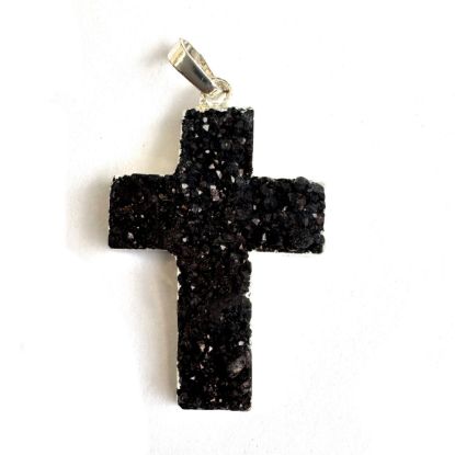 Wholesale Natural Agate Druzy Pendant, Black Druzy Cross with Silver Edging,  30mm