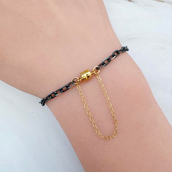 Wholesale Oxidized Sterling Silver Diamond Cut Box Chain Bracelet with 1/20 14K Gold Filled Magnetic Clasp and Safety Chain