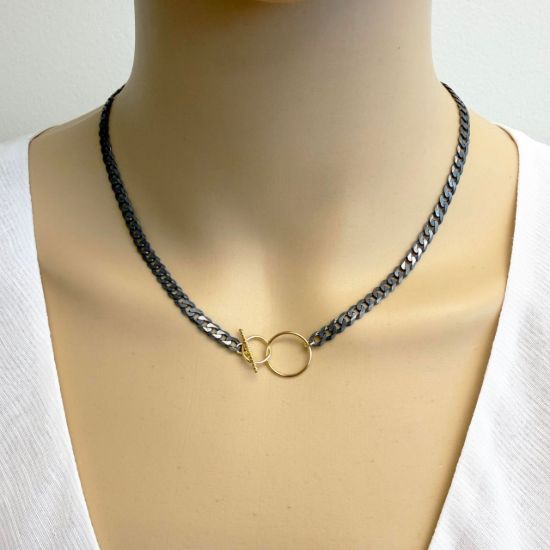 Wholesale Oxidized 925 Sterling Silver Diamond Cut Curb Chain Necklace with 1/20 14K Gold Filled Toggle