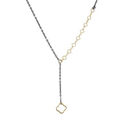 Wholesale Oxidized 925 Sterling Silver Lariat Necklace with 1/20 14K Gold Filled Clover Chain and Charm Accent