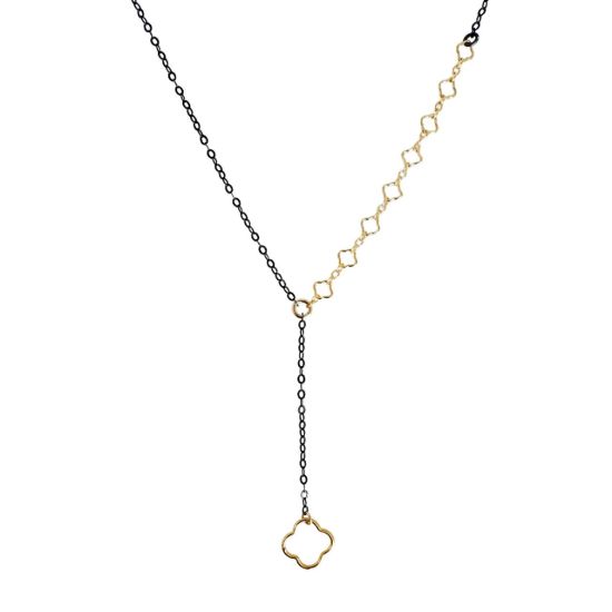 Wholesale Oxidized 925 Sterling Silver Lariat Necklace with 1/20 14K Gold Filled Clover Chain and Charm Accent