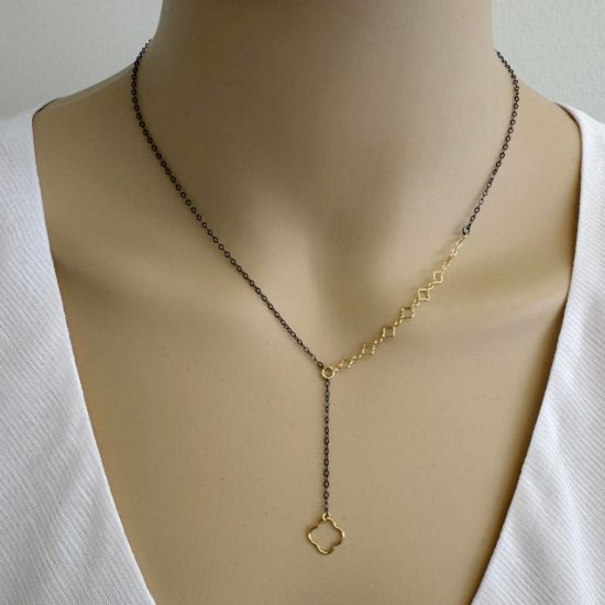 Wholesale Oxidized 925 Sterling Silver Lariat Necklace with 1/20 14K Gold Filled Clover Chain and Charm Accent