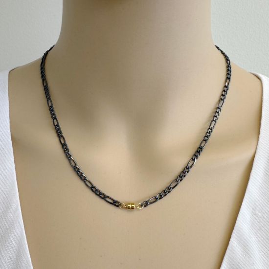 Wholesale Oxidized 925 Sterling Silver Figaro Chain Necklace with 1/20 14K Gold Filled Magnetic Clasp