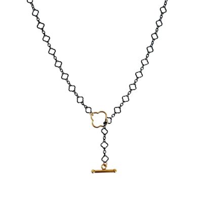 Wholesale oxidized sterling silver lariat clover chain necklace with clover shaped toggle closure