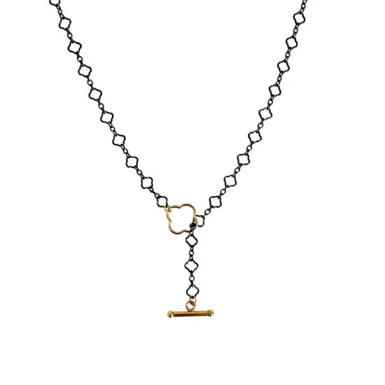 Wholesale oxidized sterling silver lariat clover chain necklace with clover shaped toggle closure