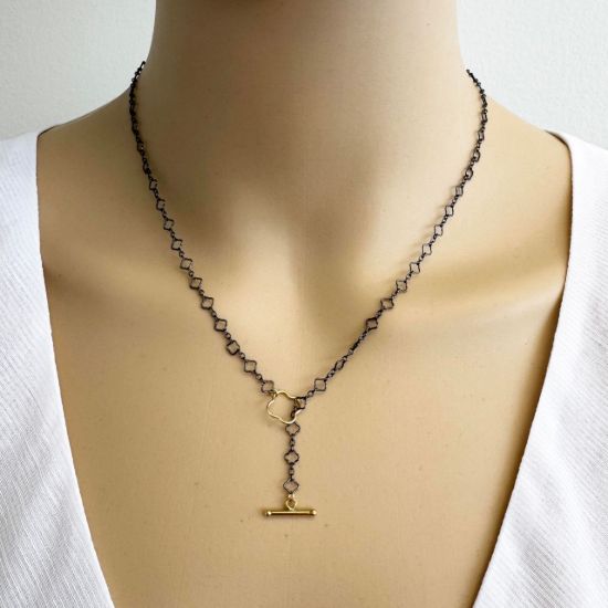 Wholesale oxidized sterling silver lariat clover chain necklace with clover shaped toggle closure