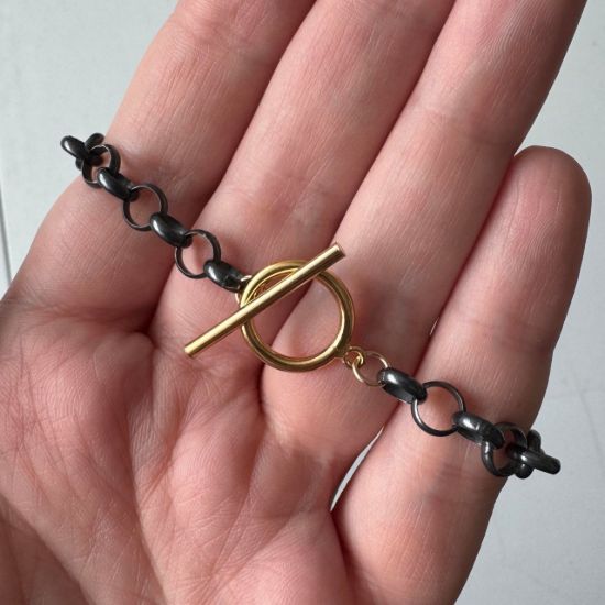 Wholesale oxidized sterling silver chunky rolo chain necklace with gold filled toggle closure