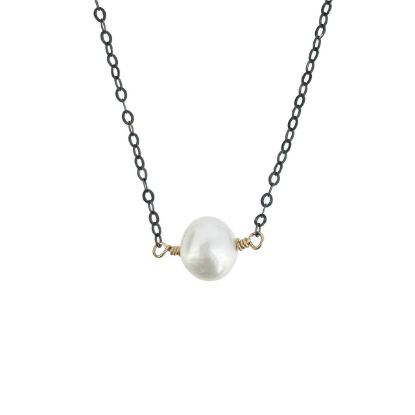 Wholesale oxidized sterling silver adjustable strong oval chain necklace with gold filled wire wrapped freshwater pearl