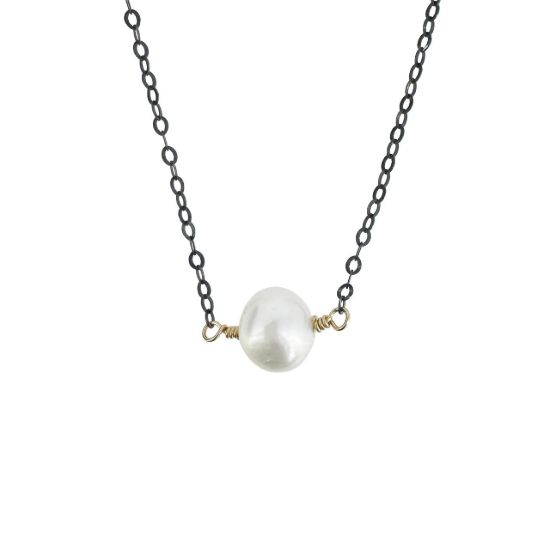 Wholesale oxidized sterling silver adjustable strong oval chain necklace with gold filled wire wrapped freshwater pearl