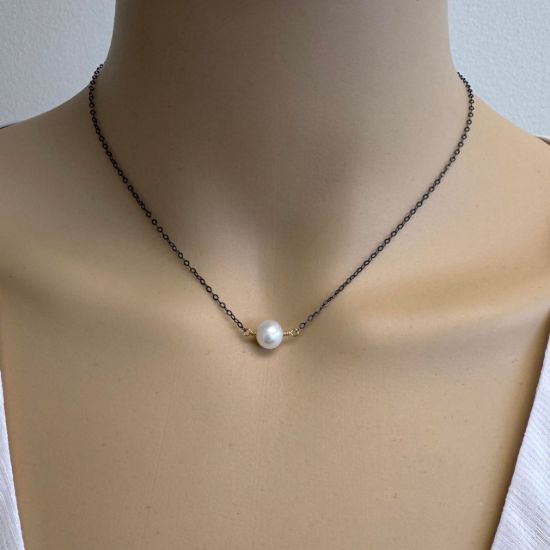 Wholesale oxidized sterling silver adjustable strong oval chain necklace with gold filled wire wrapped freshwater pearl