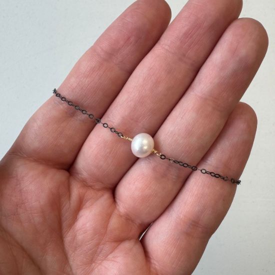 Wholesale oxidized sterling silver adjustable strong oval chain necklace with gold filled wire wrapped freshwater pearl