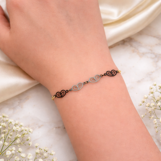 Wholesale oxidized silver heart adjustable bracelet with gold filled extender chain.