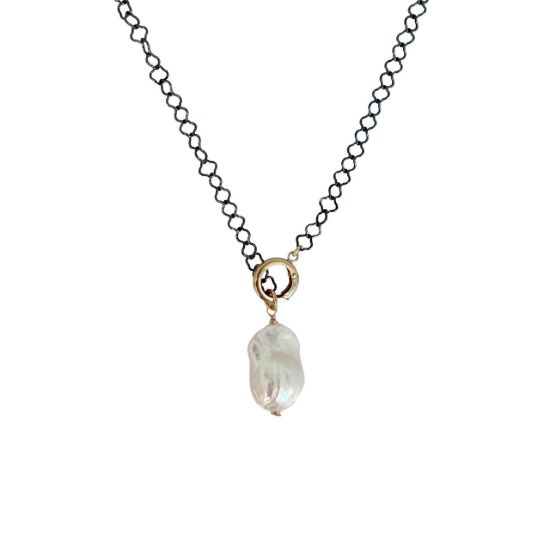 Wholesale oxidized sterling silver chain necklace with gold filled clasp and baroque pearl