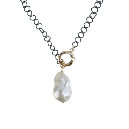 Wholesale oxidized sterling silver chain necklace with gold filled clasp and baroque pearl