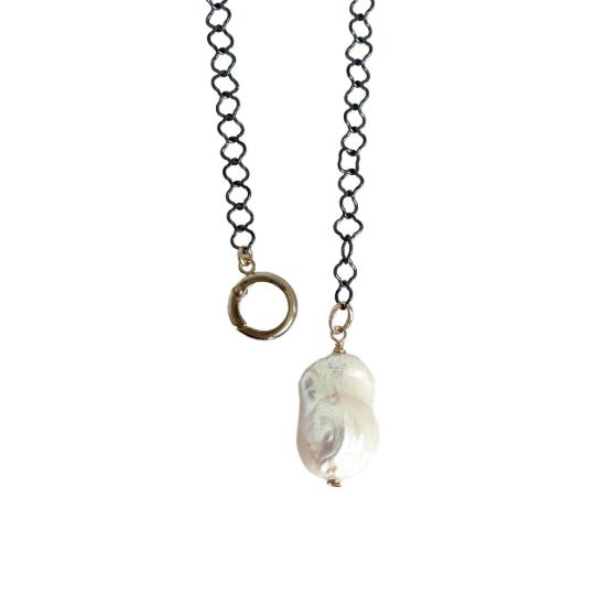 Wholesale oxidized sterling silver chain necklace with gold filled clasp and baroque pearl