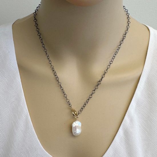 Wholesale oxidized sterling silver chain necklace with gold filled clasp and baroque pearl