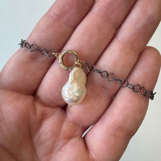 Wholesale oxidized sterling silver chain necklace with gold filled clasp and baroque pearl