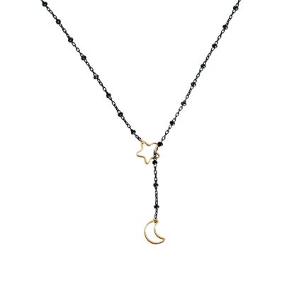 Wholesale oxidized satellite chain lariat/bolo necklace with gold filled star and moon charms