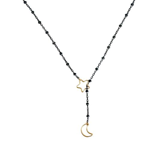 Wholesale oxidized satellite chain lariat/bolo necklace with gold filled star and moon charms