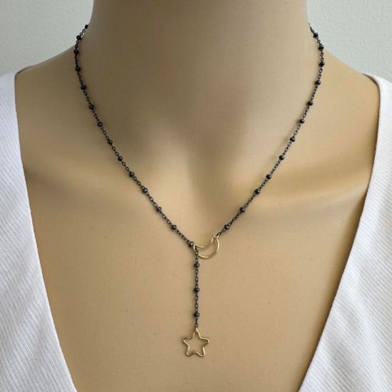 Wholesale oxidized satellite chain lariat/bolo necklace with gold filled star and moon charms