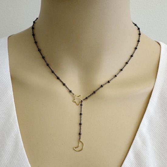Wholesale oxidized satellite chain lariat/bolo necklace with gold filled star and moon charms