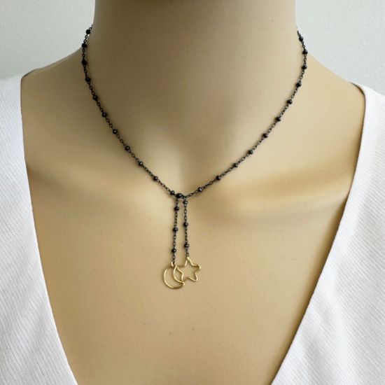 Wholesale oxidized satellite chain lariat/bolo necklace with gold filled star and moon charms