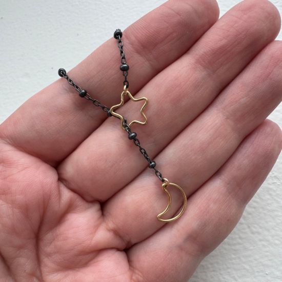 Wholesale oxidized satellite chain lariat/bolo necklace with gold filled star and moon charms