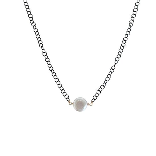 wholesale adjustable oxidized sterling silver circle cable chain necklace with gold filled wire wrapped coin shape freshwater pearl