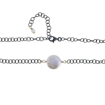 wholesale adjustable oxidized sterling silver circle cable chain necklace with gold filled wire wrapped coin shape freshwater pearl