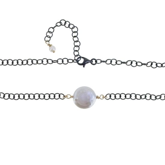wholesale adjustable oxidized sterling silver circle cable chain necklace with gold filled wire wrapped coin shape freshwater pearl