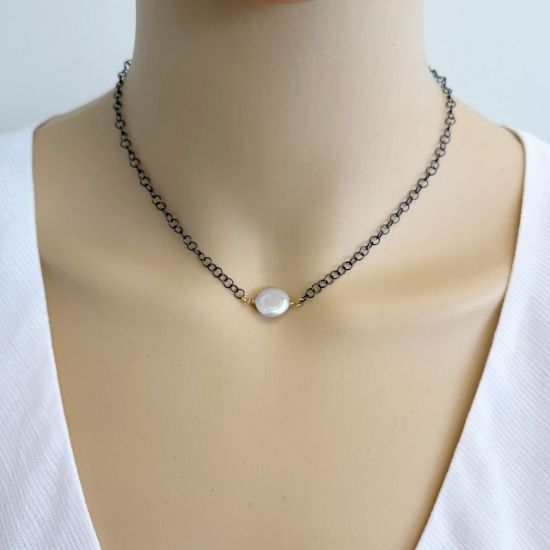 wholesale adjustable oxidized sterling silver circle cable chain necklace with gold filled wire wrapped coin shape freshwater pearl