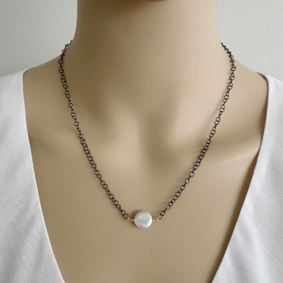 wholesale adjustable oxidized sterling silver circle cable chain necklace with gold filled wire wrapped coin shape freshwater pearl