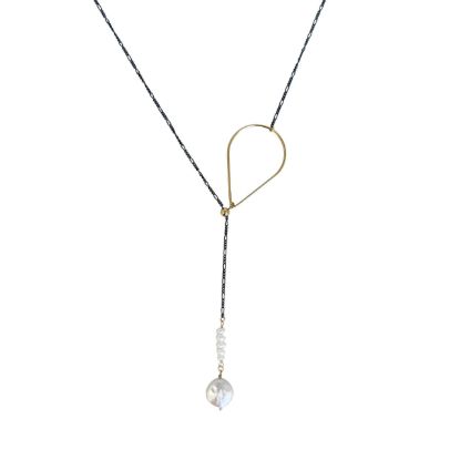 oxidized sterling silver adjustable figaro chain with gold filled sliding bead and pearl charm