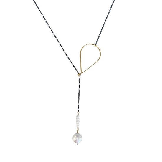 oxidized sterling silver adjustable figaro chain with gold filled sliding bead and pearl charm