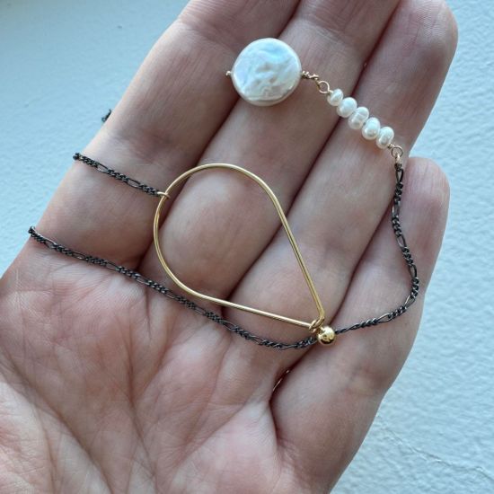 oxidized sterling silver adjustable figaro chain with gold filled sliding bead and pearl charm