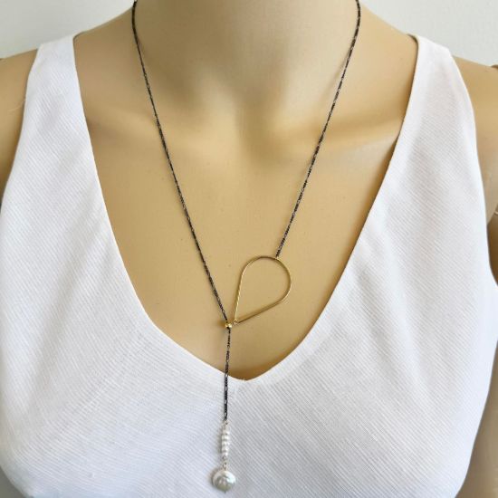 oxidized sterling silver adjustable figaro chain with gold filled sliding bead and pearl charm