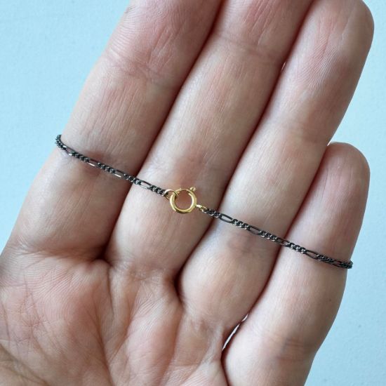 oxidized sterling silver adjustable figaro chain with gold filled sliding bead and pearl charm